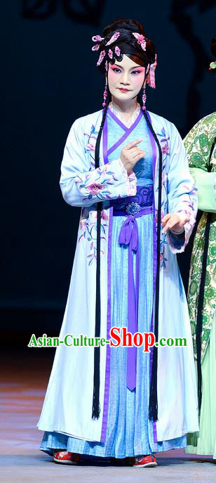 Chinese Han Opera Actress Pan Jinlian Garment Jin Lian Costumes and Headdress Traditional Hubei Hanchu Opera Diva Apparels Young Mistress Blue Dress