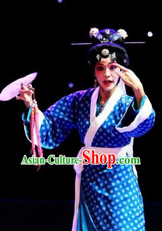Chinese Han Opera Country Female Garment Butterfly Dream Costumes and Headdress Traditional Hubei Hanchu Opera Young Mistress Apparels Actress Blue Dress