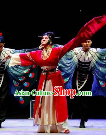 Chinese Han Opera Diva Garment Butterfly Dream Costumes and Headdress Traditional Hubei Hanchu Opera Young Woman Apparels Actress Red Dress