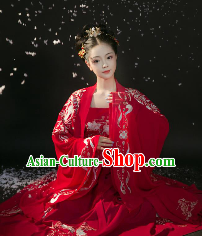 Chinese Ancient Royal Princess Red Dress Traditional Wedding Hanfu Apparels Tang Dynasty Historical Costumes and Headdress Complete Set