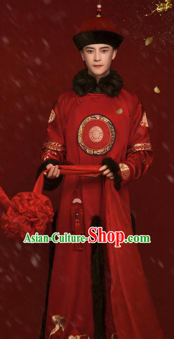 Chinese Traditional Wedding Hanfu Apparels Ancient Qing Dynasty Noble Prince Historical Costumes and Hat for Men