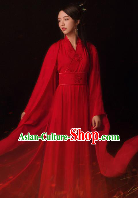 Chinese Traditional Tang Dynasty Female Swordsman Red Hanfu Dress Apparels Ancient Young Lady Historical Costumes and Headpieces Complete Set
