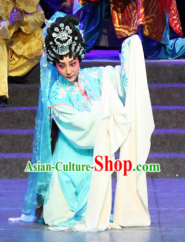 Chinese Cantonese Opera Diva Garment The Peony Pavilion Costumes and Headdress Traditional Guangdong Opera Actress Apparels Hua Tan Du Liniang Blue Dress