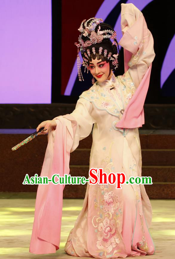 Chinese Cantonese Opera Rich Lady Du Liniang Garment The Peony Pavilion Costumes and Headdress Traditional Guangdong Opera Diva Apparels Hua Tan Dress