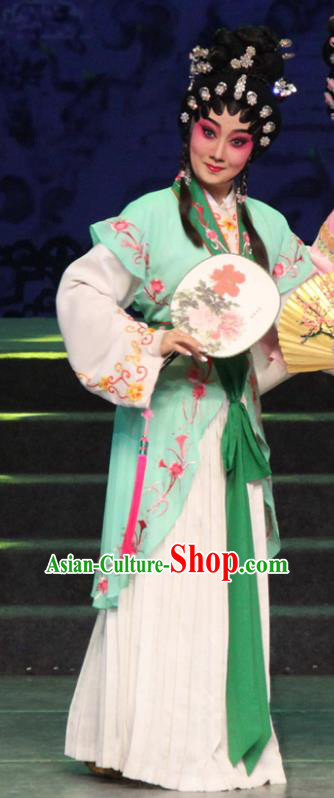 Chinese Cantonese Opera Servant Girl Garment The Peony Pavilion Costumes and Headdress Traditional Guangdong Opera Xiaodan Apparels Chun Xiang Green Dress