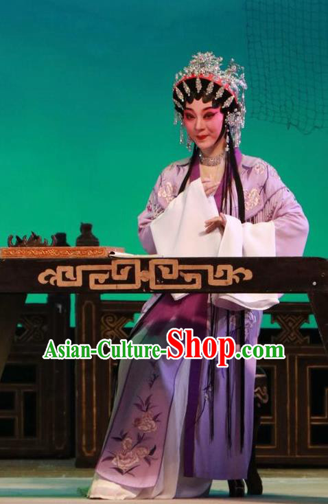 Chinese Cantonese Opera Hua Tan Garment The Peony Pavilion Costumes and Headdress Traditional Guangdong Opera Young Female Apparels Diva Du Liniang Purple Dress