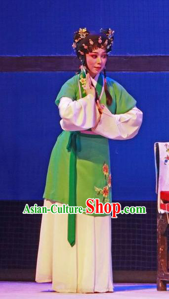 Chinese Cantonese Opera Maid Lady Garment The Peony Pavilion Costumes and Headdress Traditional Guangdong Opera Xiaodan Apparels Chun Xiang Green Dress