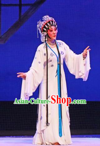 Chinese Cantonese Opera Actress Du Liniang Garment The Peony Pavilion Costumes and Headdress Traditional Guangdong Opera Young Female Apparels Distress Maiden Dress