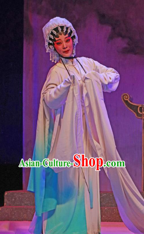 Chinese Cantonese Opera Tsing Yi Garment The Peony Pavilion Costumes and Headdress Traditional Guangdong Opera Distress Maiden Apparels Diva Du Liniang Dress