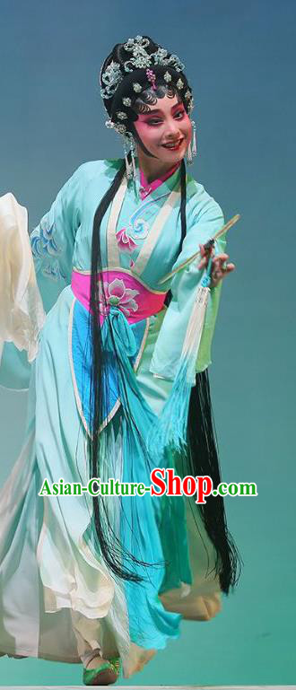 Chinese Cantonese Opera Xiaodan Xiao Qing Garment The Fairy Tale of White Snake Costumes and Headdress Traditional Guangdong Opera Young Lady Apparels Blue Dress