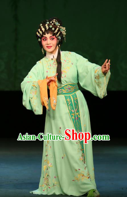 Chinese Cantonese Opera Xiaodan Garment The Fairy Tale of White Snake Xiao Qing Costumes and Headdress Traditional Guangdong Opera Young Lady Apparels Green Dress