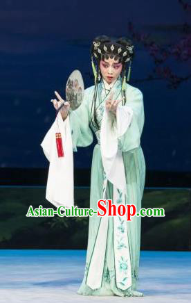 Chinese Cantonese Opera Young Lady Garment The Fairy Tale of White Snake Costumes and Headdress Traditional Guangdong Opera Xiaodan Apparels Xiao Qing Green Dress