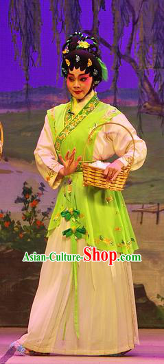 Chinese Cantonese Opera Hua Tan Garment Costumes and Headdress Traditional Guangdong Opera Young Beauty Apparels Village Girl Green Dress