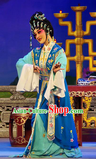 Chinese Cantonese Opera Young Beauty Garment Costumes and Headdress Traditional Guangdong Opera Diva Xi Shi Apparels Hua Tan Blue Dress