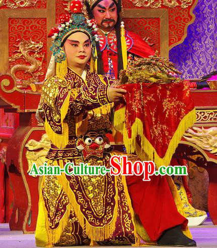 Chinese Guangdong Opera Martial Male Armor Apparels Costumes and Headpieces Traditional Cantonese Opera Wusheng Garment Soldier Clothing