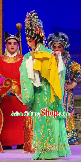 Chinese Cantonese Opera Hua Tan Zheng Dan Garment Costumes and Headdress Traditional Guangdong Opera Imperial Consort Apparels Court Woman Green Dress