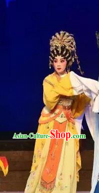 Chinese Cantonese Opera Empress Xi Shi Garment Costumes and Headdress Traditional Guangdong Opera Hua Tan Apparels Queen Yellow Dress