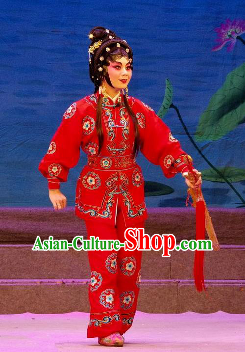 Chinese Cantonese Opera Wudan Red Garment Qian Tang Su Xiaoxiao Costumes and Headdress Traditional Guangdong Opera Xiaodan Apparels Martial Female Xiao Pan Dress