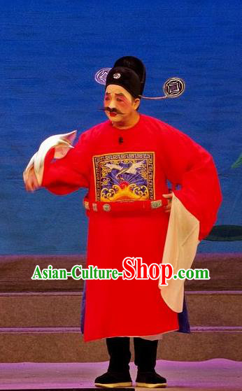 Qian Tang Su Xiaoxiao Chinese Guangdong Opera Magistrate Apparels Costumes and Headpieces Traditional Cantonese Opera Clown Garment Official Red Clothing