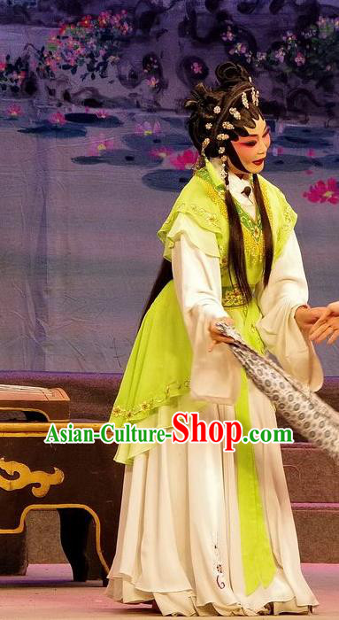 Chinese Cantonese Opera Xiao Pan Garment Qian Tang Su Xiaoxiao Costumes and Headdress Traditional Guangdong Opera Xiaodan Apparels Maid Lady Green Dress