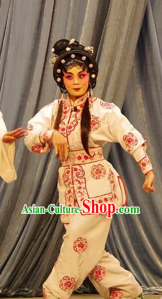 Chinese Cantonese Opera Martial Female Garment Qian Tang Su Xiaoxiao Costumes and Headdress Traditional Guangdong Opera Wudan Apparels Swordswoman Dress