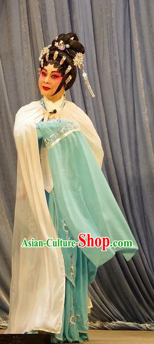 Chinese Cantonese Opera Actress Garment Qian Tang Su Xiaoxiao Costumes and Headdress Traditional Guangdong Opera Courtesan Apparels Hua Tan Green Dress