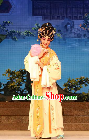 Chinese Cantonese Opera Young Beauty Garment Legend of Lun Wenxu Costumes and Headdress Traditional Guangdong Opera Rich Lady Apparels Hua Tan Pink Dress