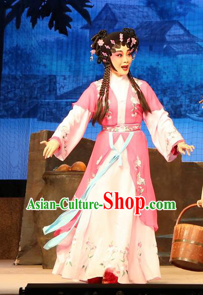 Chinese Cantonese Opera Young Lady Garment Legend of Lun Wenxu Costumes and Headdress Traditional Guangdong Opera Servant Girl Apparels Xiaodan A Xiu Dress