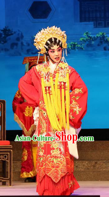 Chinese Cantonese Opera Bride Garment Legend of Lun Wenxu Costumes and Headdress Traditional Guangdong Opera Hua Tan Apparels Wedding Red Dress
