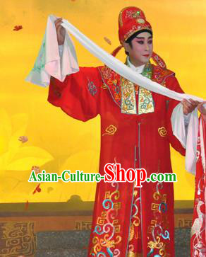 Southern Tang Emperor Chinese Guangdong Opera Monarch Red Apparels Costumes and Headpieces Traditional Cantonese Opera Young Male Garment Xiaosheng Li Yu Clothing