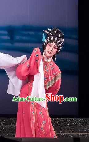 Chinese Cantonese Opera Diva Qian Yulian Garment The Romance of Hairpin Costumes and Headdress Traditional Guangdong Opera Hua Tan Apparels Young Female Red Dress