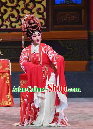 Chinese Cantonese Opera Actress San Niang Garment Liu Yi Delivers A Letter Costumes and Headdress Traditional Guangdong Opera Dragon Princess Bride Red Dress