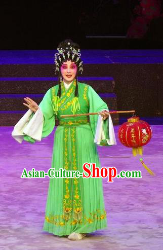 Chinese Cantonese Opera Xiaodan Garment Story of the Violet Hairpin Costumes and Headdress Traditional Guangdong Opera Young Lady Apparels Maidservant Green Dress