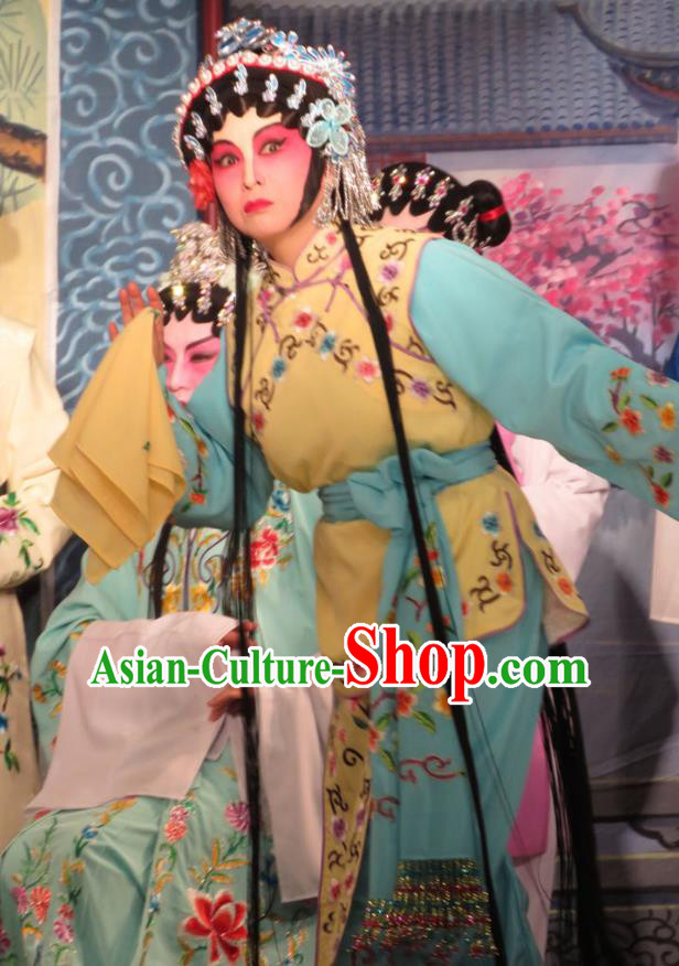 Chinese Cantonese Opera Maidservant Chun Lan Garment Hua Tian Ba Xi Hairpin Costumes and Headdress Traditional Guangdong Opera Young Lady Apparels Xiaodan Dress