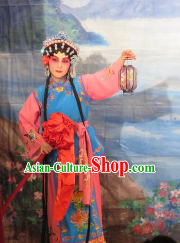 Chinese Cantonese Opera Xiaodan Chun Lan Garment Hua Tian Ba Xi Hairpin Costumes and Headdress Traditional Guangdong Opera Young Lady Apparels Maidservant Dress