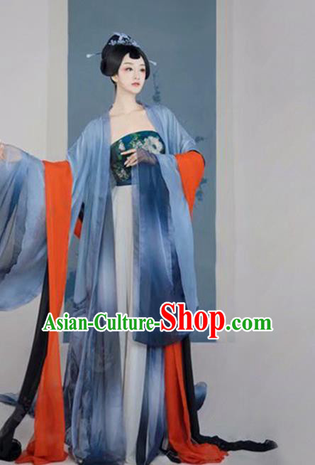 Chinese Traditional Drama Ancient Palace Lady Blue Hanfu Dress Apparels Tang Dynasty Royal Princess Historical Costumes and Headpieces Complete Set