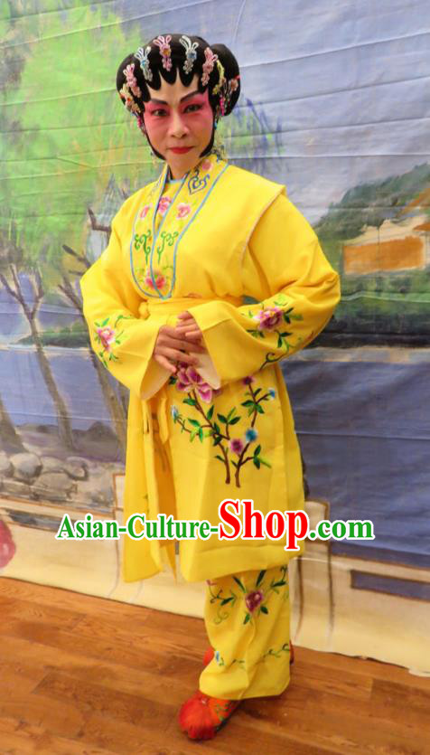 Chinese Cantonese Opera Female Servant Garment Hua Tian Ba Xi Hairpin Costumes and Headdress Traditional Guangdong Opera Maid Woman Apparels Yellow Dress