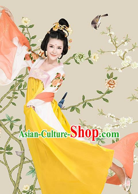 Chinese Traditional Tang Dynasty Palace Lady Historical Costumes Ancient Drama Noble Woman Yellow Hanfu Dress Apparels and Headpieces Complete Set