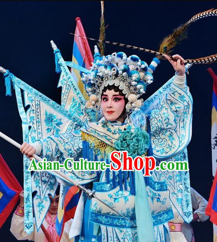 Chinese Cantonese Opera Tao Ma Tan Garment Yuan Yang Sword Costumes and Headdress Traditional Guangdong Opera Blues Apparels Female General Qin Huilan Dress with Flags