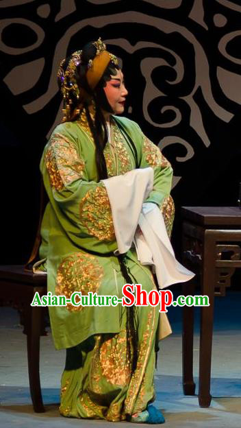 Chinese Cantonese Opera Dame Garment Yuan Yang Sword Costumes and Headdress Traditional Guangdong Opera Elderly Woman Apparels Laodan Green Dress