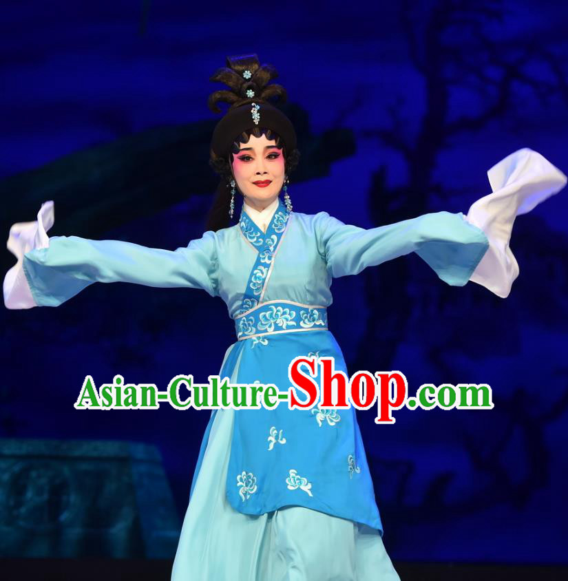 Chinese Cantonese Opera Diva Garment Hun Qian Zhu Ji Xiang Costumes and Headdress Traditional Guangdong Opera Hua Tan Apparels Imperial Concubine Hu Blue Dress