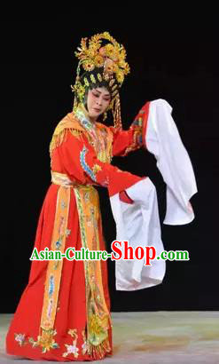 Chinese Cantonese Opera Noble Lady Garment Diao Man Gong Zhu Gan Fu Ma Costumes and Headdress Traditional Guangdong Opera Princess Fengxia Apparels Red Dress