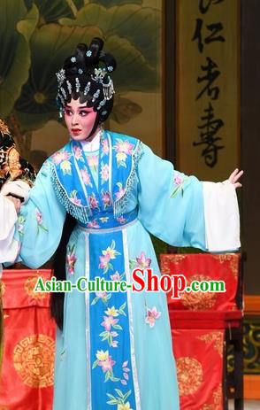 Chinese Cantonese Opera Hua Tan Garment Costumes and Headdress Traditional Guangdong Opera Actress Apparels Diva Jia Yunv Blue Dress