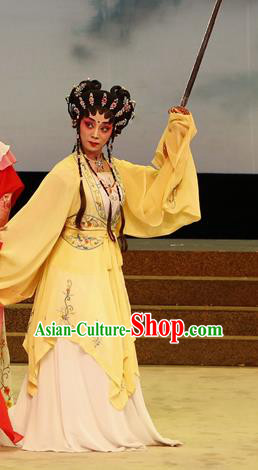 Chinese Cantonese Opera Goddess Ling Zhi Garment The Lotus Lantern Costumes and Headdress Traditional Guangdong Opera Xiaodan Apparels Maidservant Yellow Dress