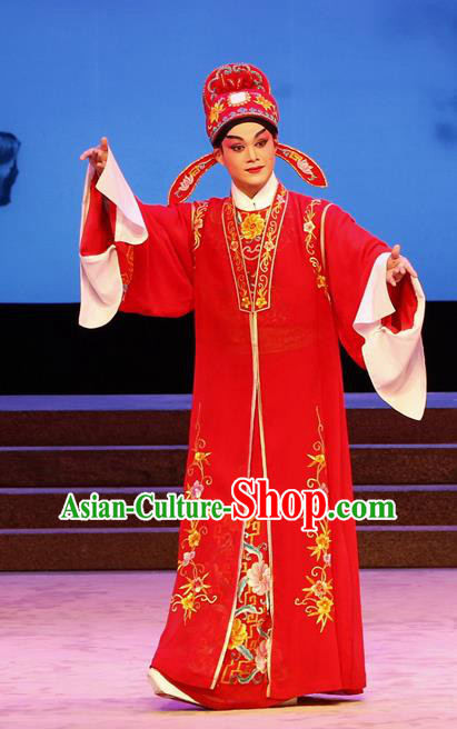 The Lotus Lantern Chinese Guangdong Opera Young Male Apparels Costumes and Headpieces Traditional Cantonese Opera Scholar Liu Yanchang Garment Niche Red Clothing