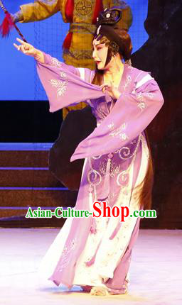Chinese Cantonese Opera Young Female Garment The Lotus Lantern Costumes and Headdress Traditional Guangdong Opera Actress Apparels Distress Woman Purple Dress