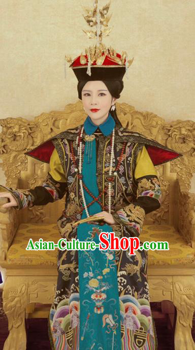 Chinese Traditional Handmade Embroidered Apparels Noble Queen Hanfu Dress Ancient Drama Qing Dynasty Imperial Empress Historical Costumes and Headwear Complete Set