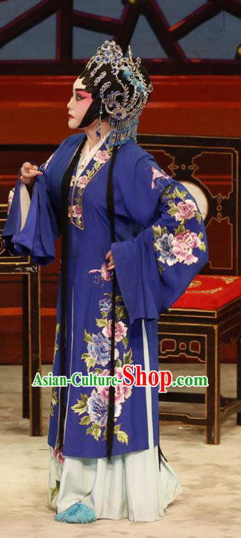 Chinese Cantonese Opera Dame Garment The Lotus Lantern Costumes and Headdress Traditional Guangdong Opera Middle Age Female Apparels Wang Guizhi Blue Dress