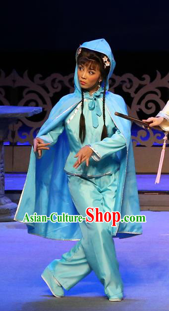 Chinese Cantonese Opera Diva Garment Yang Cuixi Costumes and Headdress Traditional Guangdong Opera Actress Apparels Young Woman Blue Dress