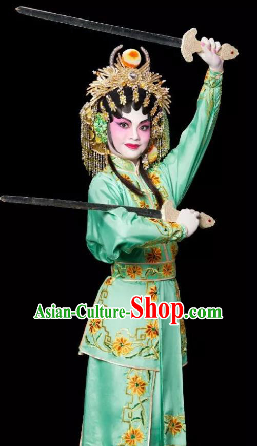 Chinese Cantonese Opera Village Girl Bai Lixiang Garment Costumes and Headdress Traditional Guangdong Opera Young Lady Apparels Martial Female Green Dress